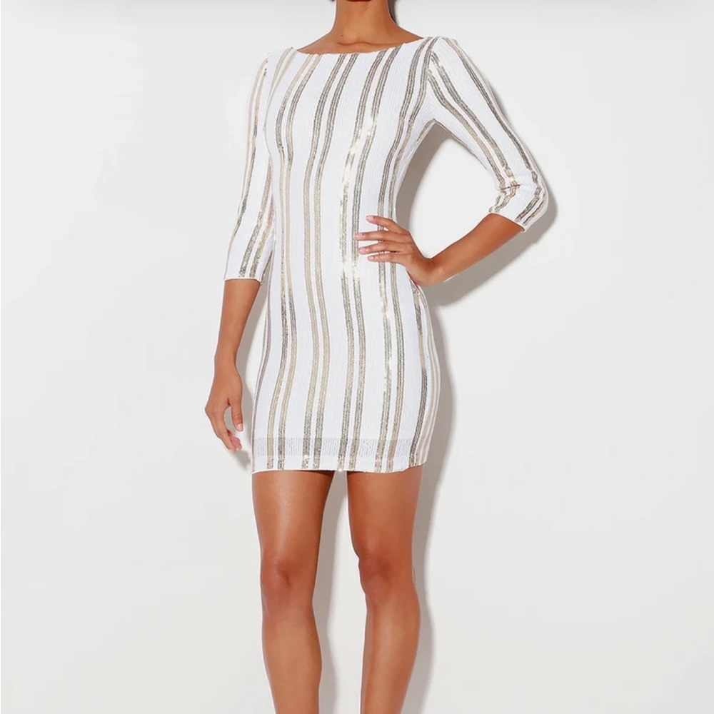 Lulu’s Standing Ovation White & Gold Sequin Striped Bodycon Dress